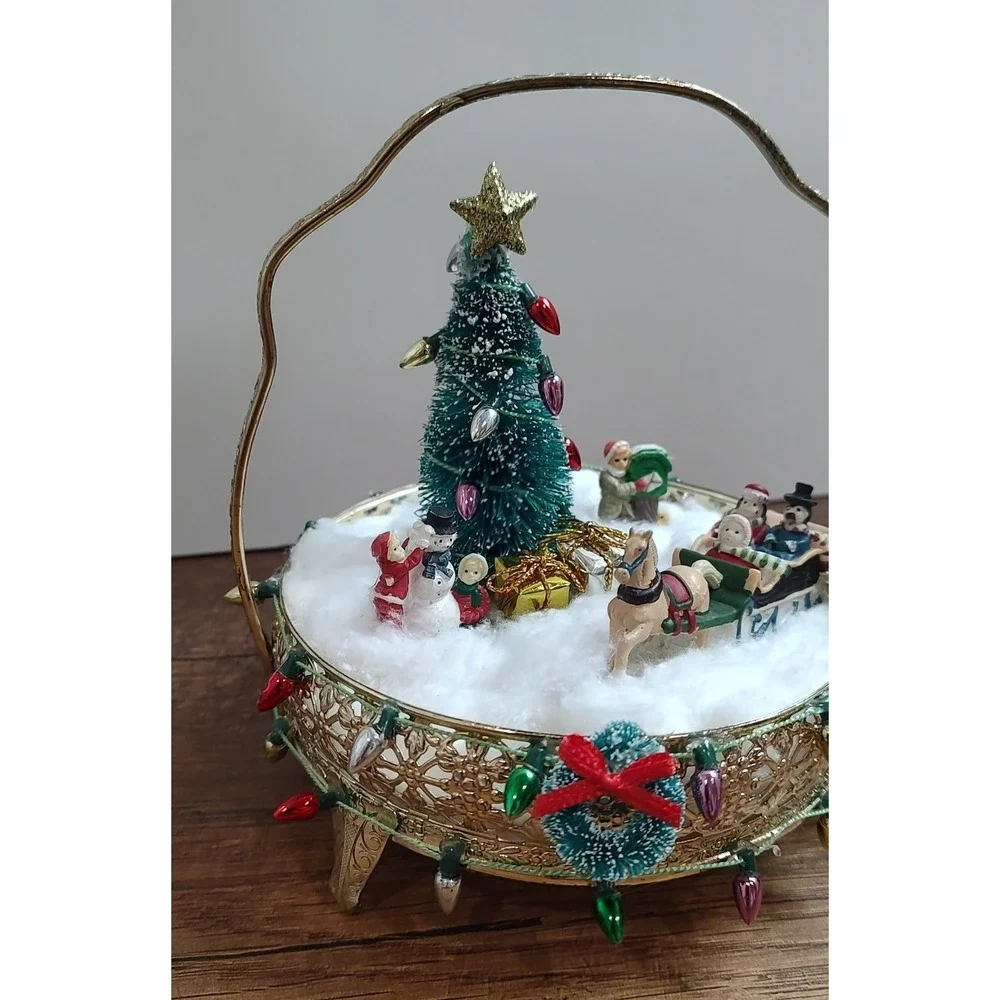 Handmade Christmas Scene Assemblage Art Sleigh Ride Snowman Tree Horse Wreathe